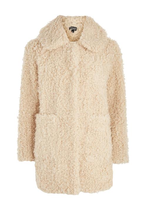 Womens Curly Faux Fur Coat - Cream, Cream