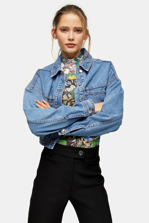 Womens Elasticated Hem Cropped Denim Jacket - Mid Stone, Mid Stone