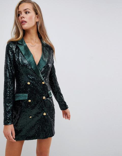 Minivestido Tipo Americana De Lentejuelas En Verde Con Diseño De Doble Botonadura De Missguided