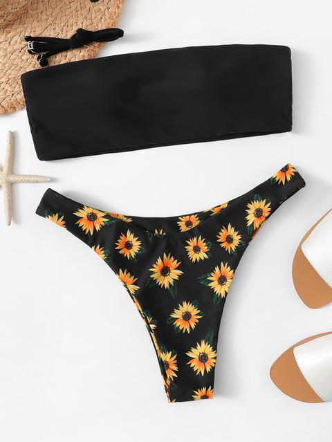 Bandeau Con Set De Bikini Cortado Alto Floral Al Azar