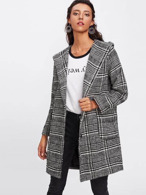 Houndstooth Dual Pocket Plaid Hooded Coat