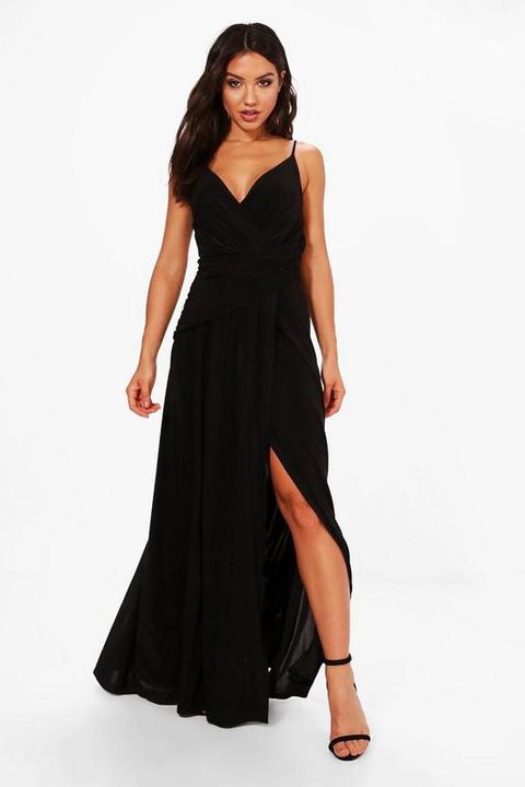 Slinky Wrap Ruched Strappy Maxi Bridesmaid Dress - Noir - 10, Noir