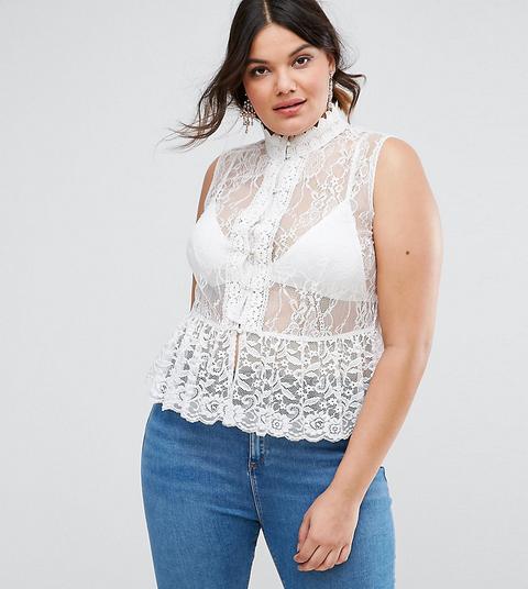 Asos Curve - Top Peplo In Pizzo Con Bottoni Sul Davanti - Bianco