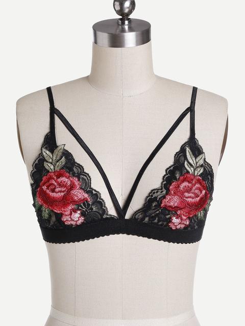 Rose Embroidered Patch Strappy Detail Lace Bralet