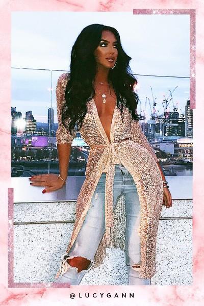 Arabella Rose Gold Metallic Knit Wrap Midi Dress