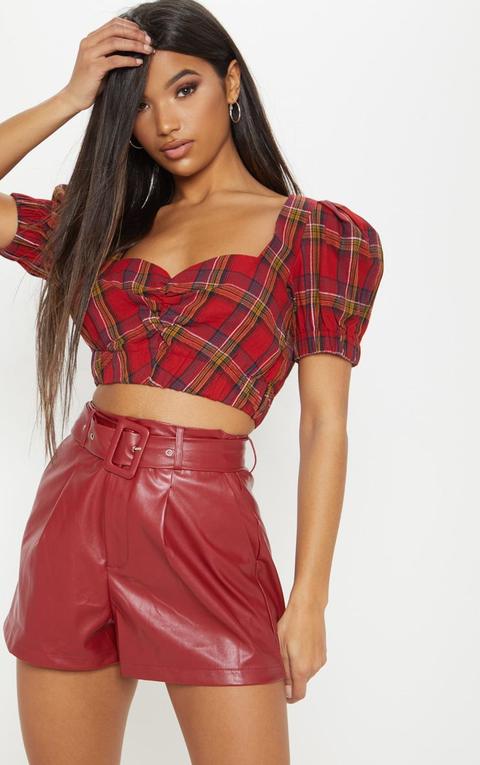 Burgundy Faux Leather Belted Short, Red