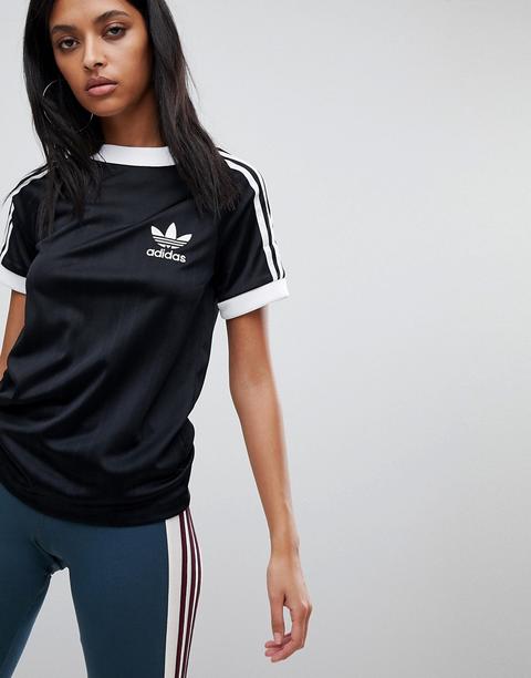 Adidas Originals - T-shirt Nera In Tricot Di Poliestere Con Tre Strisce - Nero