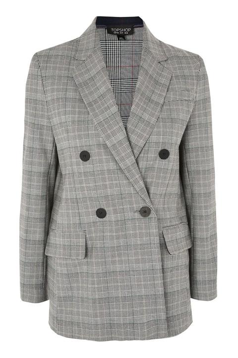 Womens Checked Double Breasted Blazer - Grey, Grey