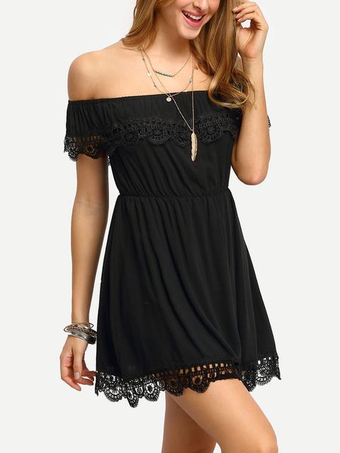 Off-the-shoulder Lace Trimmed Skater Dress