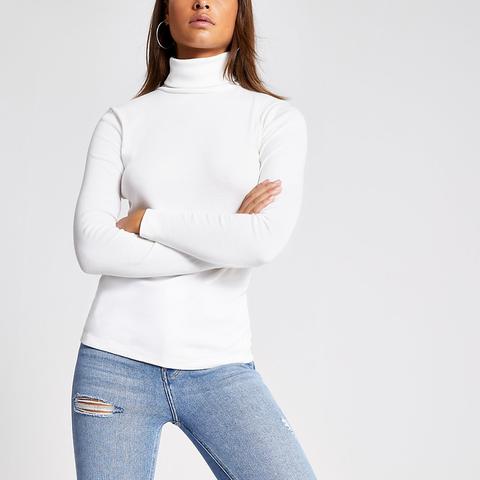 Cream Long Sleeve Roll Neck Ribbed Top