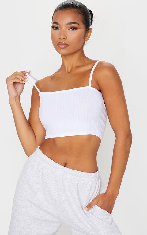 Basic White Rib Square Neck Strappy Crop Top