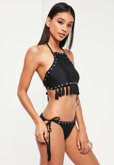 Black Stud Detail Halter Bikini Set