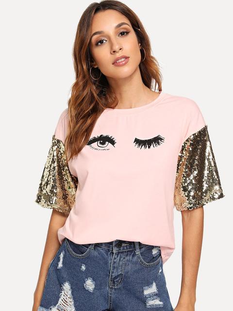 T-shirt Con Stampa Occhiolino Stropicciata Con Paillettes