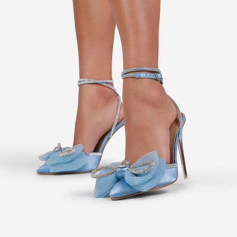 Chriselle Bow Detail Diamante Lace Up Clear Perspex Heel In Blue Satin, Blue