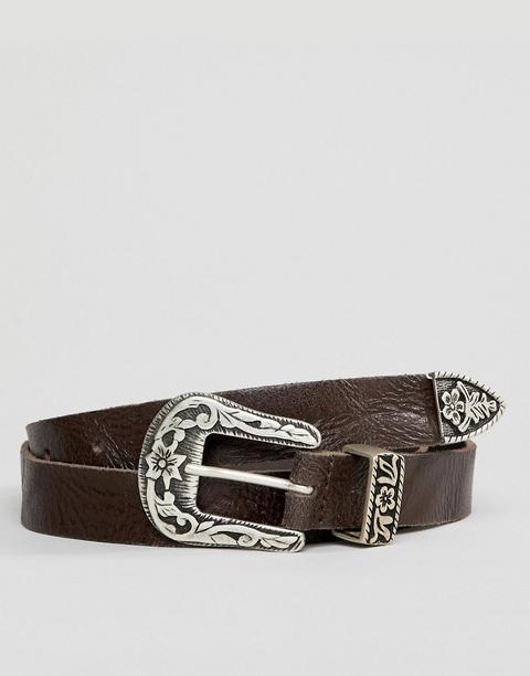 Cinturón Estrecho Estilo Western De Cuero En Marrón Con Efecto Vintage Desgastado De Asos