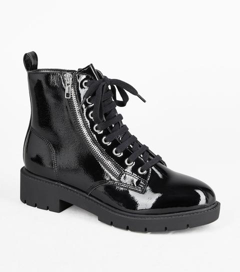 Black Crinkle Patent Zip Lace Up Boots New Look Vegan