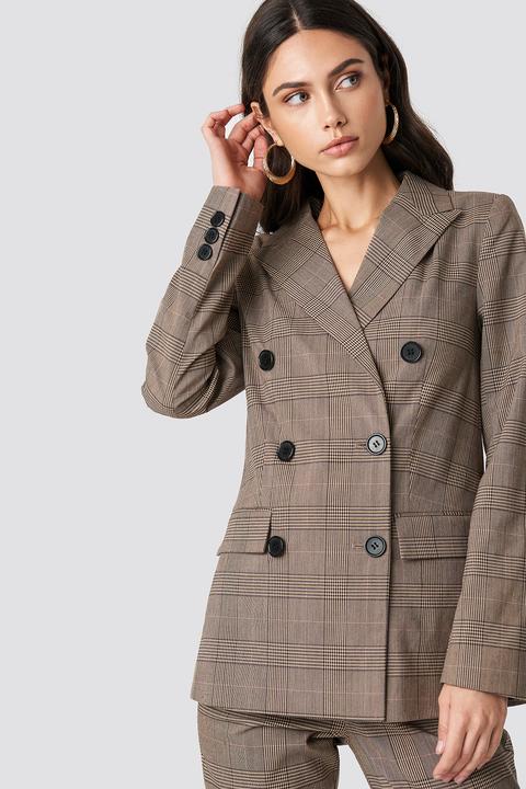 Padded Shoulder Checkered Blazer Braun