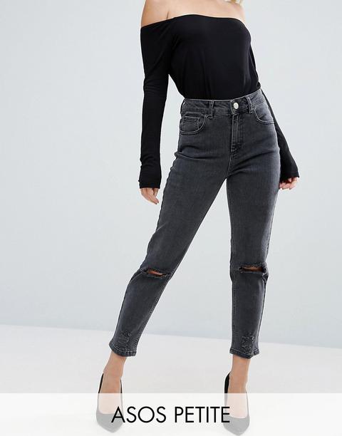 Asos Petite Farleigh Slim Mom Jeans In Washed Black With Busted Knees