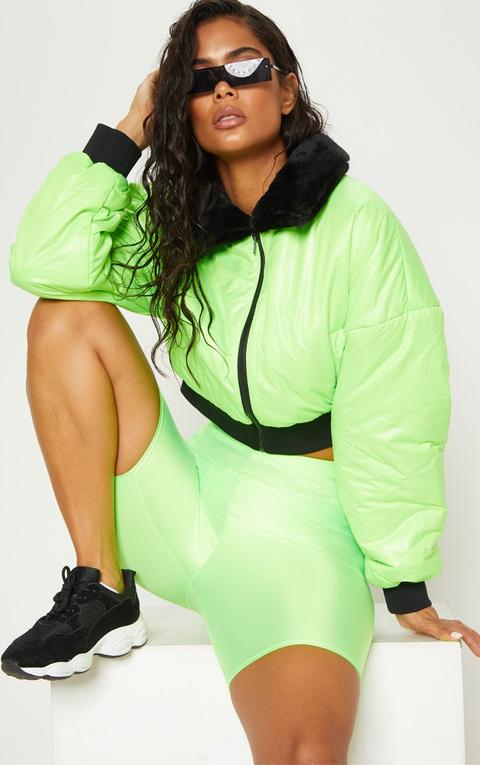 Lime Faux Fur Collar Cropped Puffer