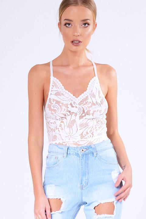 White Sheer Lace Strappy Bodysuit - Rozina