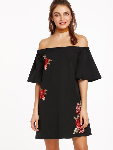 Off Shoulder Flute Sleeve Rose Embroidered Patch Dress