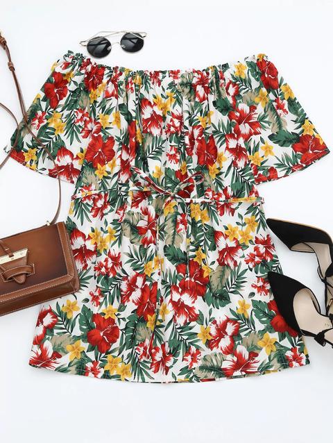 Off Shoulder Belted Floral Smocked Dress