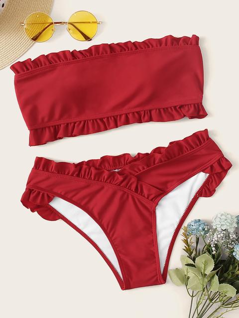 Set De Bikini Bandeau Ribete Fruncido De Pierna Alta