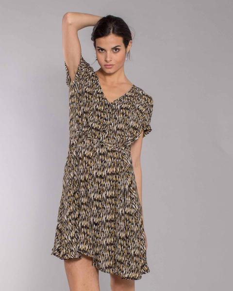 Vestido Pico Botones Estampado Mostaza