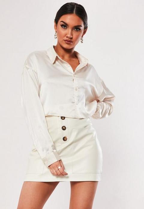White Faux Leather Button Detail Mini Skirt, White