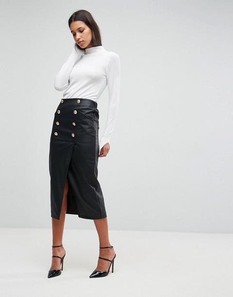 Asos - Gonna Longuette Al Polpaccio In Pelle Sintetica Con Bottoni Sul Davanti - Nero