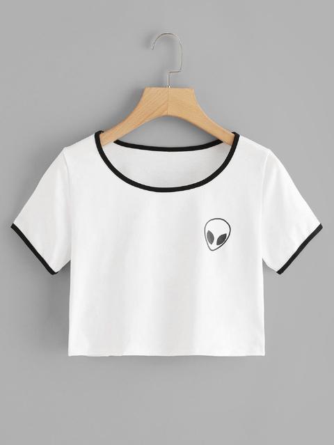Alien Print Contrast Trim Crop Tee