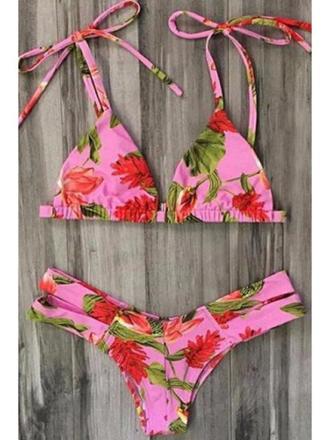 Flower Print Spaghetti Straps Bikini Set