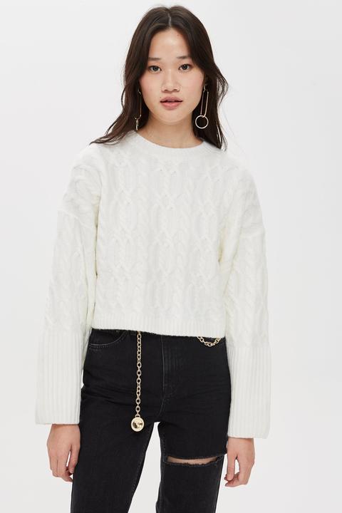 Womens Tall Cable Cropped Jumper - Cream, Cream