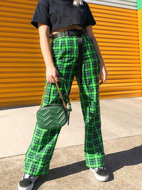 Pantaloni Lunghi Bottoni A Quadri Gamba Larga Palazzo Casual Una Vita Alta  Verde-nero from Cichic on 21 Buttons
