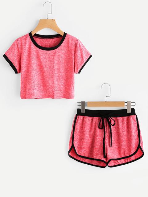 Slub Ringer Crop Tee With Drawstring Shorts