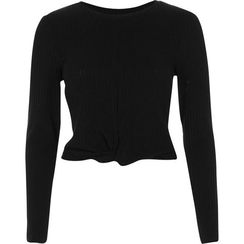 Black Ribbed Twist Front Long Sleeve Crop Top