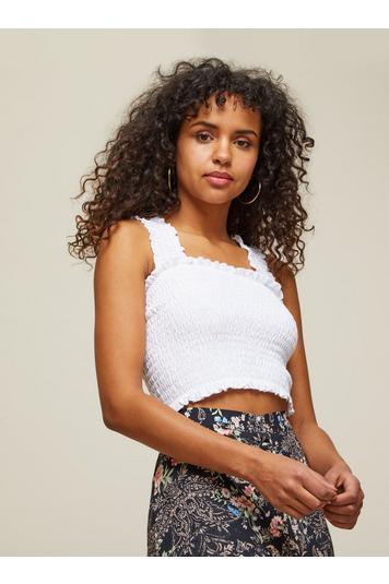 Womens White Shirred Pinny Crop Top, Ivory