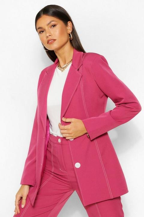 Blazer Coupe Ajustée Coutures Contrastées - Rose Framboise - 38, Rose Framboise