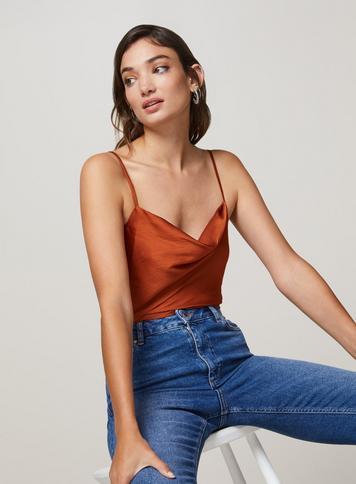 Womens Rust Satin Cowl Neck Camisole Top, Rust