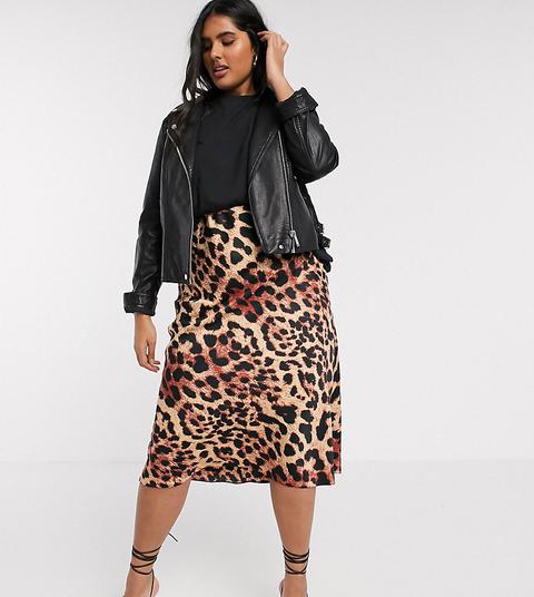 Asos Design Curve Satin Bias Midi Skirt In Leopard Print-brown