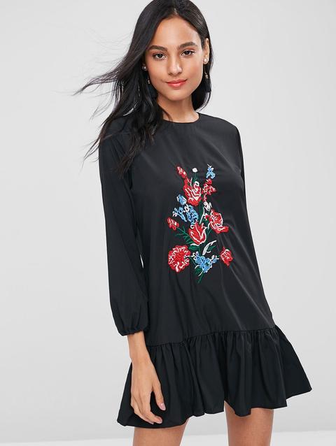 Abito A Tunica Con Ricamo Floreale Black