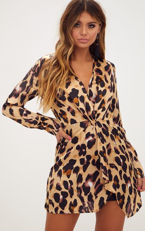 Leopard Print Satin Long Sleeve Wrap Dress, Animal