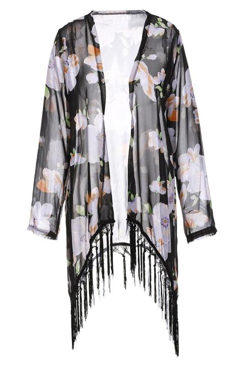 Collarless Tassel Splicing Floral Long Sleeve Kimono