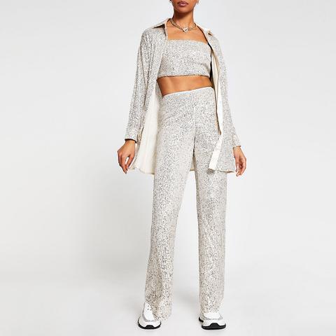 Silver Fitted Sequin Trousers