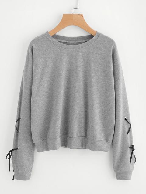 Eyelet Lace Up Sleeve Sweatshirt