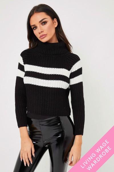 Emma Black Cropped Turtle Neck Striped Jumper