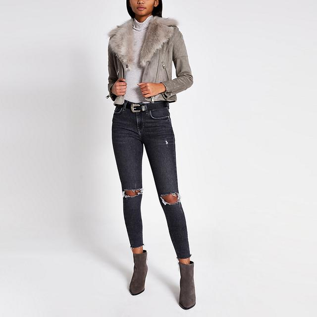 Grey faux suede 2024 fur trim biker jacket