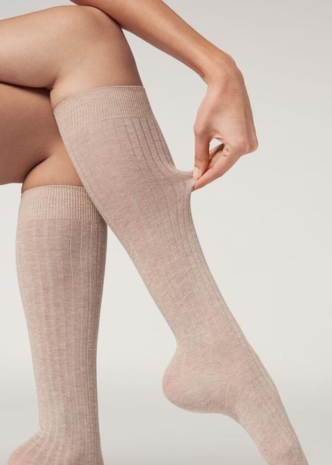 Calcetines Largos De Canalé Con Cashmere De Mujer