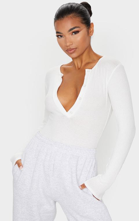 White Brushed Rib Button Long Sleeve Bodysuit