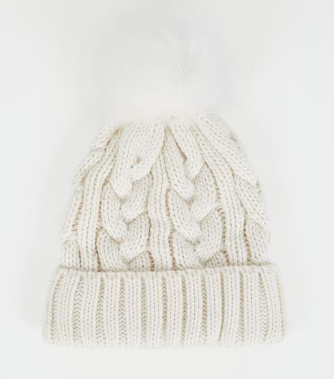 Cream Cable Knit Faux Fur Bobble Hat 